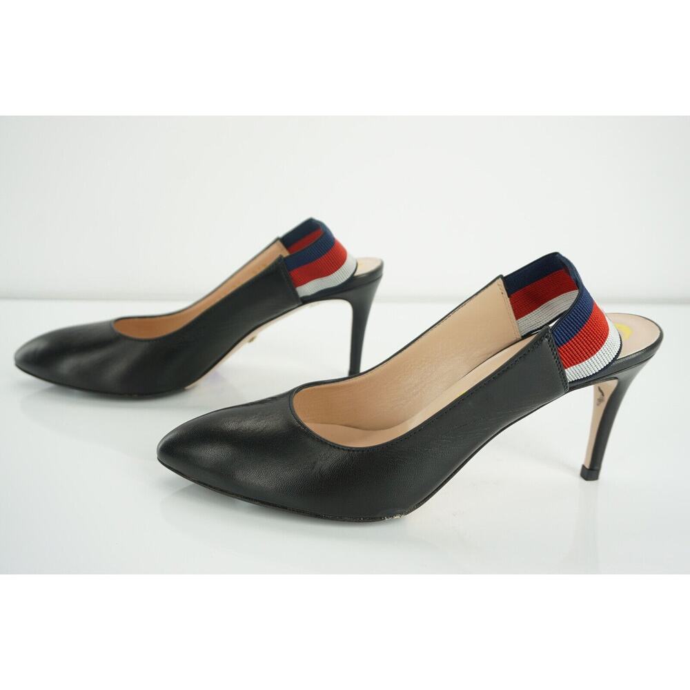 Gucci Sylvie Black Leather Web Strap Pointed Toe Slingback Pumps Size 35 $695 - Picture 4 of 9